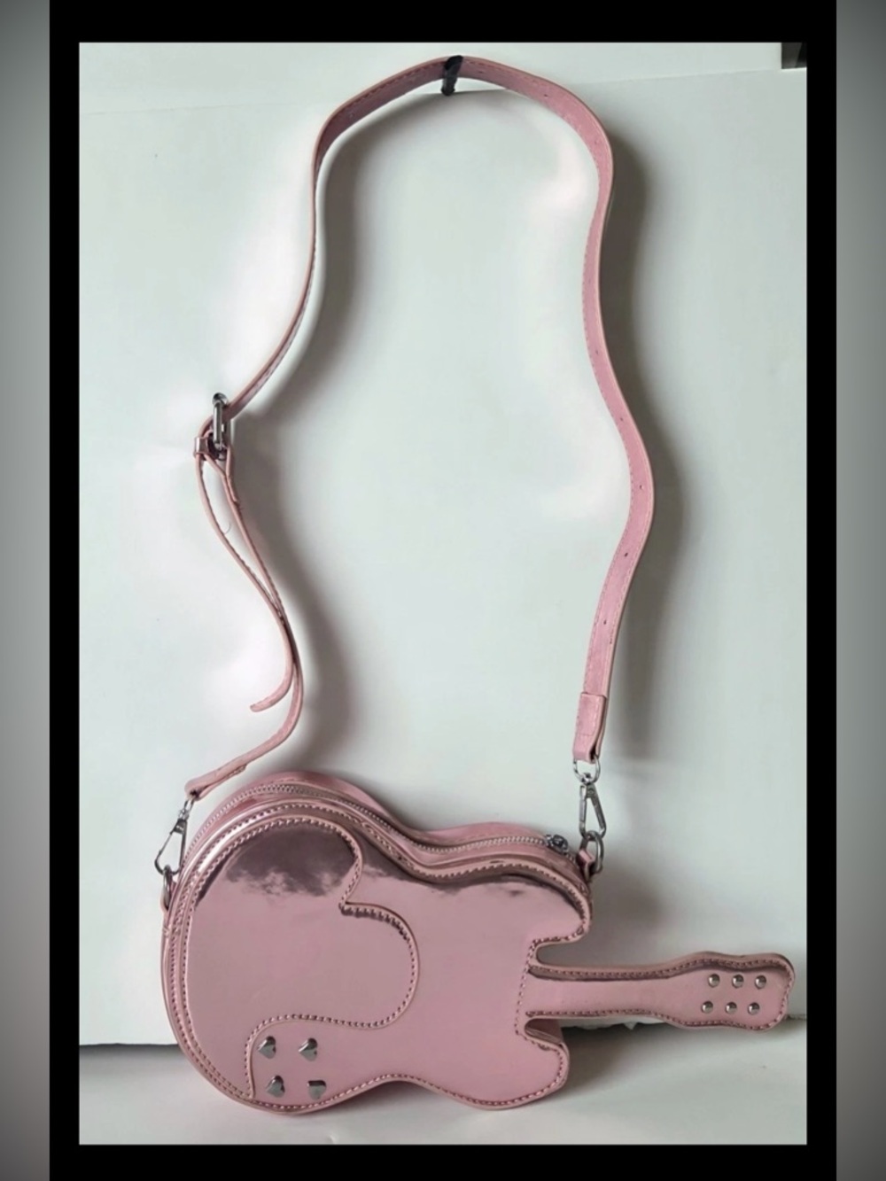 Goth Mini Guitar Shaped Rock Star Crossbody Messenger Bag, Metallic Pink NWOT